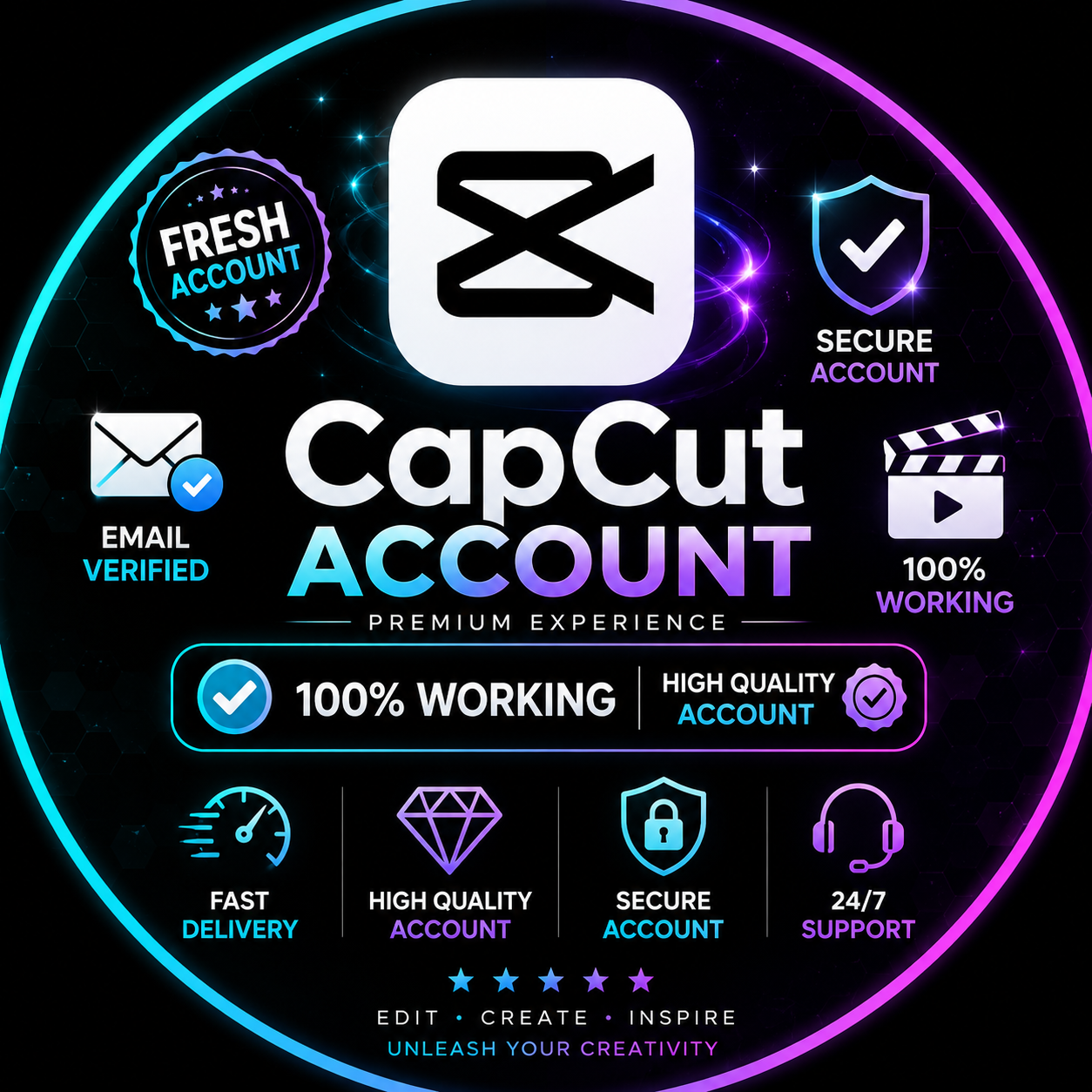 Fresh cap cut account with Email verified 100% Working ⭐ High Quality Account ✅ Fast Delivery ⚡ Secure Account 🔒